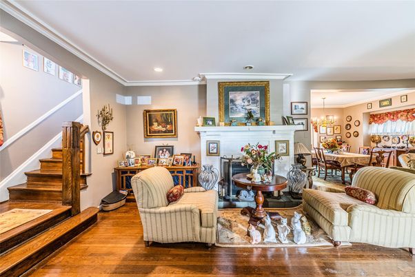 Chandelier, Dining room, Fireplace, Interior, Living room, Recessed Lighting, Wood Texture Flooring