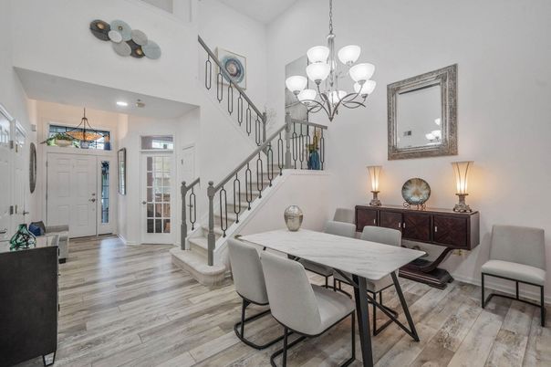 Chandelier, Dining room, Interior, Wood Texture Flooring