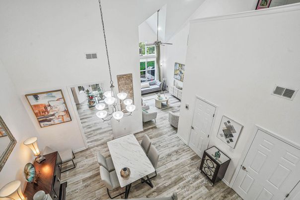 Interior, Living room, Pendant Lights, Wood Texture Flooring