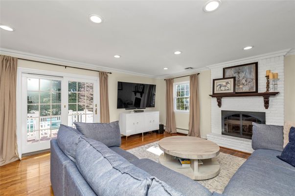 Fireplace, Interior, Living room, Recessed Lighting, Wood Texture Flooring
