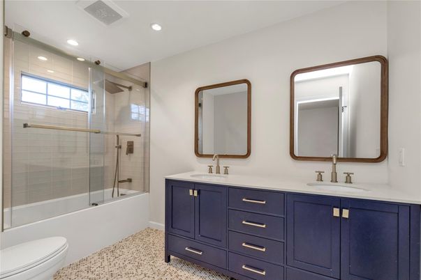 Bathroom, Dual Sink Vanities, Glass Shower, Interior, Recessed Lighting