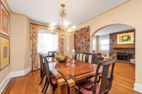 Chandelier, Dining room, Fireplace, Interior, Stone Walls, Wood Texture Flooring