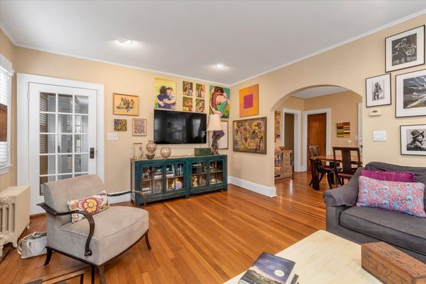 Dining room, Interior, Living room, Recessed Lighting, Wood Texture Flooring
