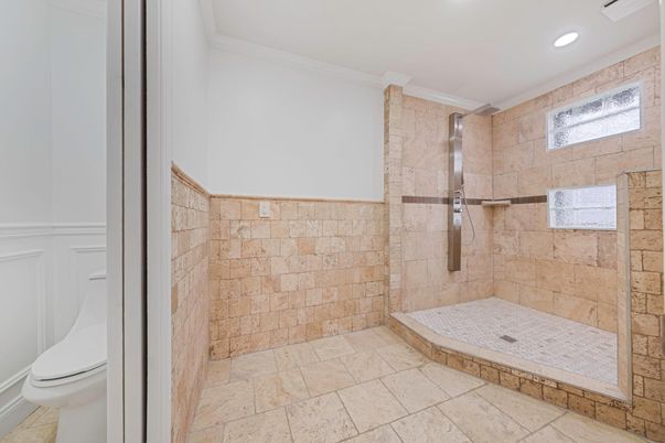 Bathroom, Glass Shower, Interior, Recessed Lighting, Stone Walls