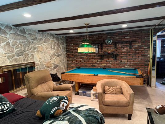 Billiard Table, Game Room, Interior, Pendant Lights, Recessed Lighting, Stone Walls