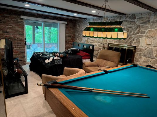 Billiard Table, Game Room, Interior, Recessed Lighting, Stone Walls