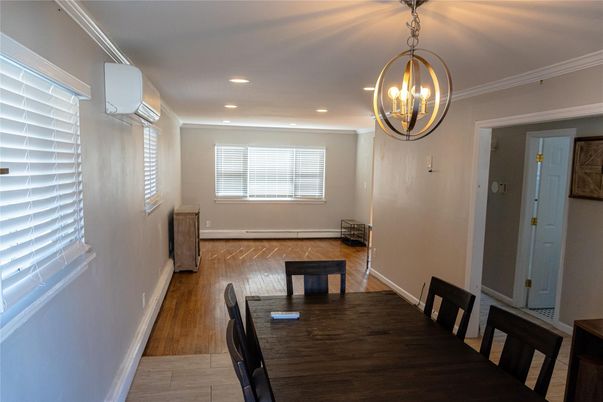 Dining room, Interior, Pendant Lights, Recessed Lighting, Wood Texture Flooring