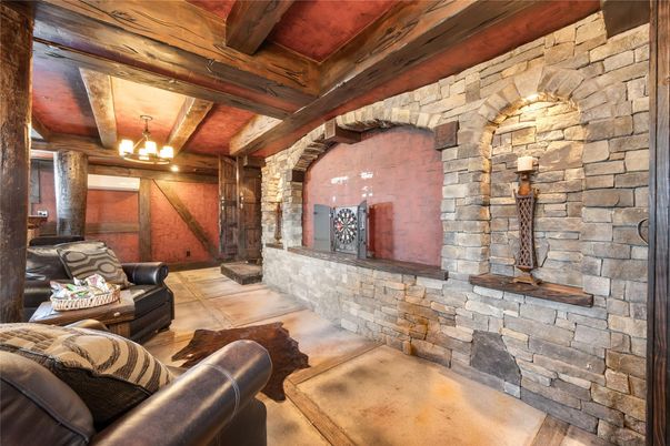 Chandelier, Interior, Stone Walls, Wooden Beams