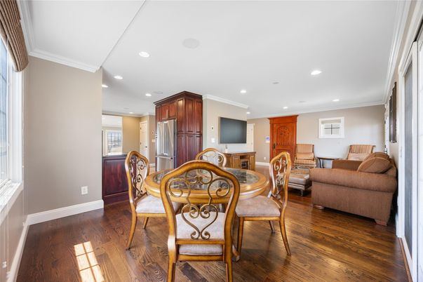 Dining room, Interior, Kitchen, Living room, Recessed Lighting, Wood Texture Flooring