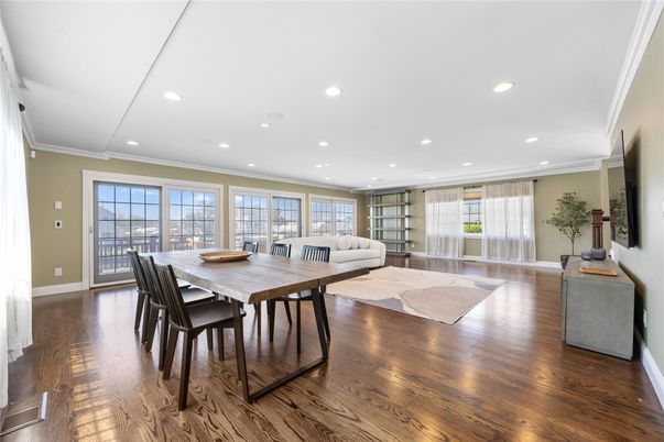 Dining room, Interior, Living room, Recessed Lighting, Wood Texture Flooring