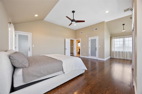 Bedroom, Interior, Pendant Lights, Recessed Lighting, Wood Texture Flooring
