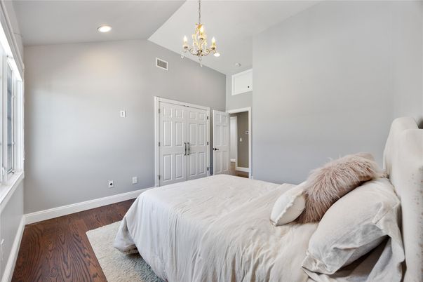 Bedroom, Chandelier, Interior, Recessed Lighting, Wood Texture Flooring