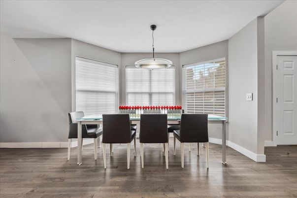 Dining room, Interior, Pendant Lights, Wood Texture Flooring