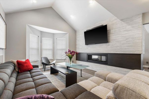 Fireplace, Interior, Living room, Recessed Lighting, Wood Texture Flooring
