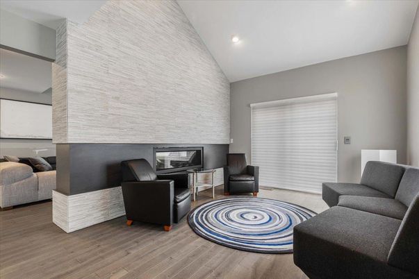 Fireplace, Interior, Living room, Recessed Lighting, Wood Texture Flooring
