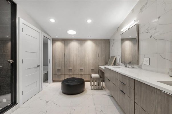 Bathroom, Dual Sink Vanities, Interior, Marble, Marble Walls, Recessed Lighting