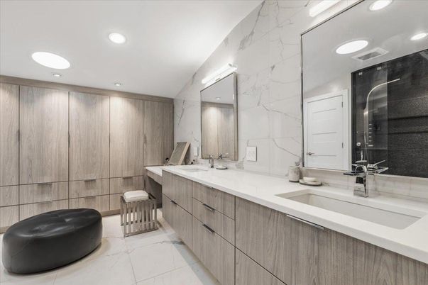 Bathroom, Dual Sink Vanities, Glass Shower, Interior, Marble Walls, Recessed Lighting