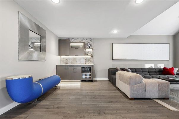 Interior, Living room, Marble Walls, Recessed Lighting, Wood Texture Flooring