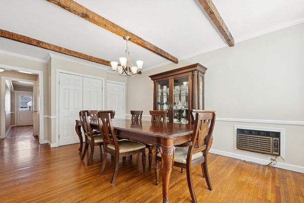Chandelier, Dining room, Interior, Wooden Beams, Wood Texture Flooring