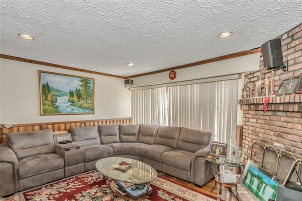 Fireplace, Interior, Living room, Recessed Lighting, Stone Walls