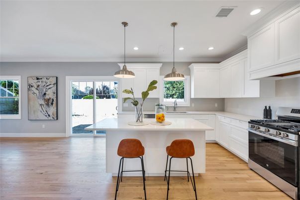 Interior, Kitchen, Pendant Lights, Recessed Lighting, Stainless Steel Appliances, Wood Texture Flooring