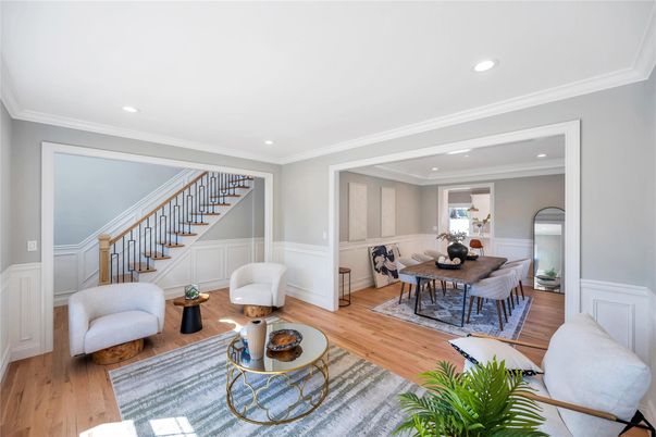 Dining room, Interior, Living room, Recessed Lighting, Wood Texture Flooring