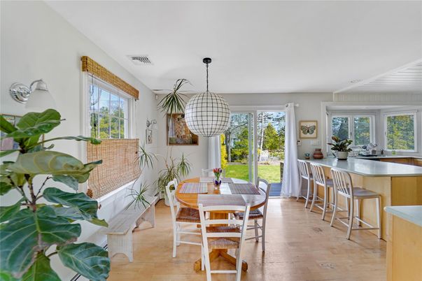 Dining room, Interior, Pendant Lights, Wood Texture Flooring