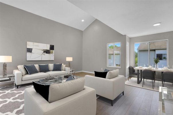 Dining room, Interior, Living room, Recessed Lighting, Wood Texture Flooring