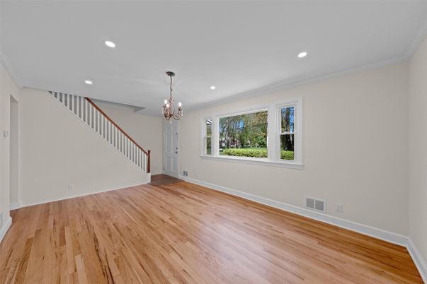 Chandelier, Empty room, Interior, Recessed Lighting, Wood Texture Flooring