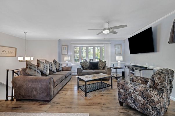 Dining room, Interior, Living room, Pendant Lights, Wood Texture Flooring
