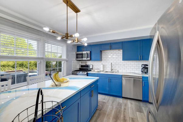 Interior, Kitchen, Pendant Lights, Stainless Steel Appliances, Wood Texture Flooring