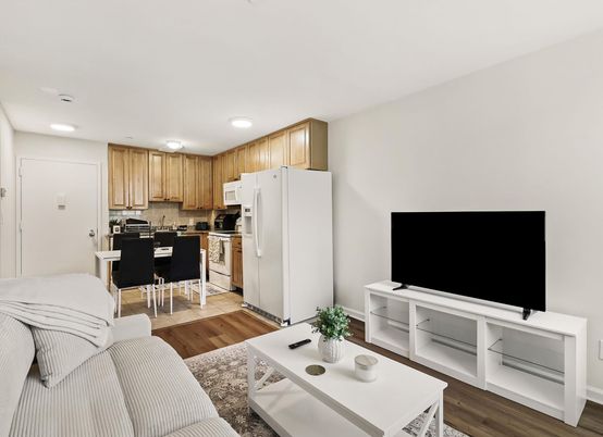 Dining room, Interior, Kitchen, Living room, Recessed Lighting, Wood Texture Flooring
