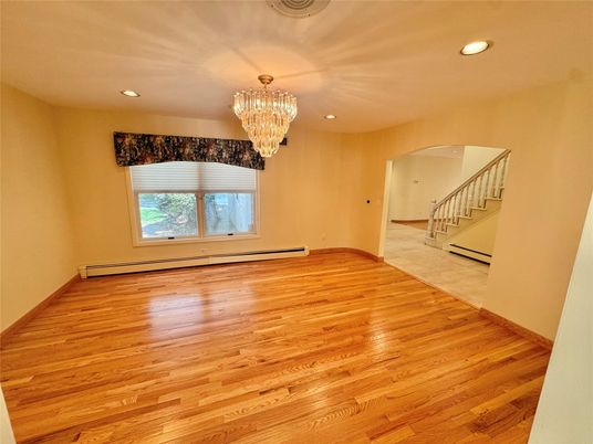 Chandelier, Empty room, Interior, Recessed Lighting, Wood Texture Flooring