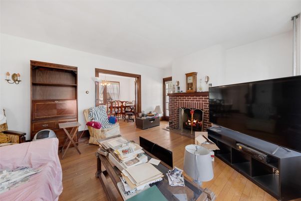 Dining room, Fireplace, Interior, Living room, Wood Texture Flooring