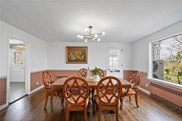Dining room, Interior, Pendant Lights, Wood Texture Flooring
