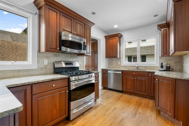 Interior, Kitchen, Recessed Lighting, Stainless Steel Appliances, Wood Texture Flooring