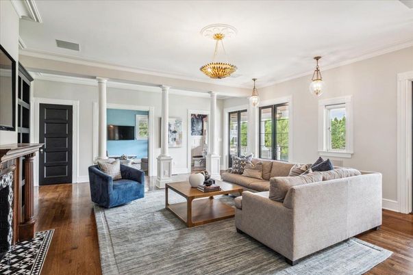 Fireplace, Interior, Living room, Pendant Lights, Wood Texture Flooring