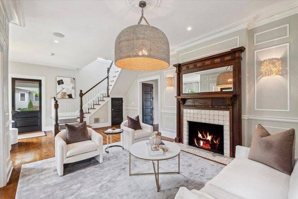 Fireplace, Interior, Living room, Pendant Lights, Recessed Lighting, Wood Texture Flooring