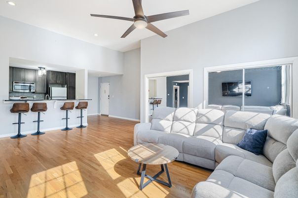 Interior, Kitchen, Living room, Recessed Lighting, Stainless Steel Appliances, Wood Texture Flooring