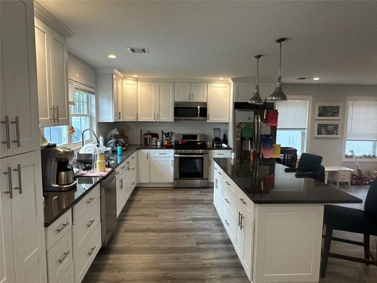 Interior, Kitchen, Pendant Lights, Recessed Lighting, Stainless Steel Appliances, Wood Texture Flooring
