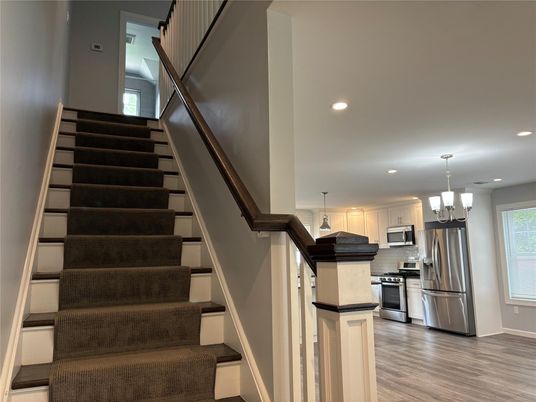 Chandelier, Interior, Kitchen, Recessed Lighting, Stainless Steel Appliances, Wood Texture Flooring