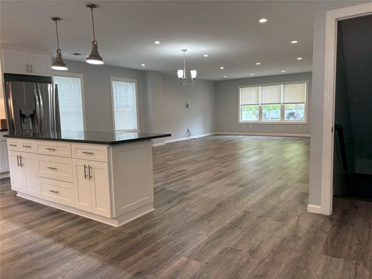 Chandelier, Empty room, Interior, Kitchen, Pendant Lights, Recessed Lighting, Wood Texture Flooring