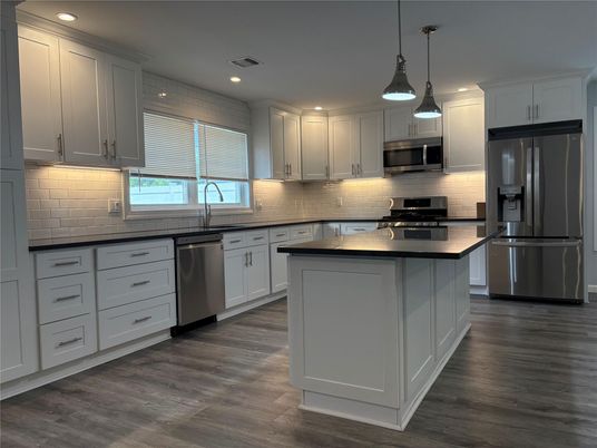 Interior, Kitchen, Pendant Lights, Recessed Lighting, Stainless Steel Appliances, Wood Texture Flooring