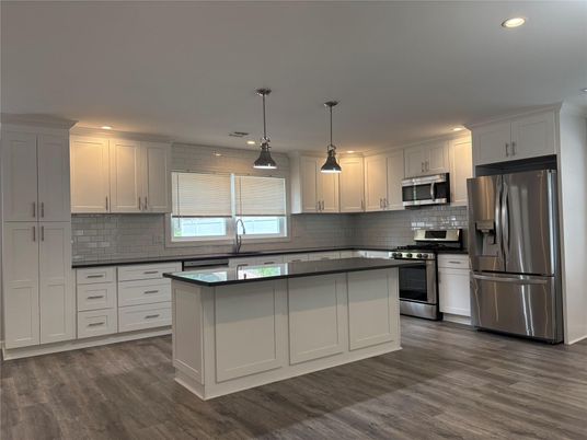 Interior, Kitchen, Pendant Lights, Recessed Lighting, Stainless Steel Appliances, Wood Texture Flooring