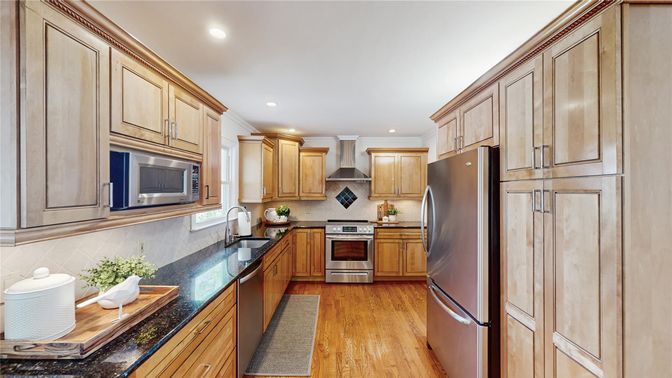 Interior, Kitchen, Recessed Lighting, Stainless Steel Appliances, Wood Texture Flooring