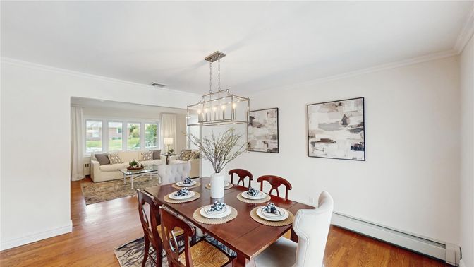 Dining room, Interior, Living room, Pendant Lights, Wood Texture Flooring