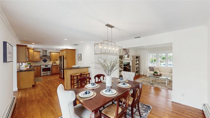 Dining room, Interior, Kitchen, Living room, Pendant Lights, Recessed Lighting, Stainless Steel Appliances, Wood Texture Flooring