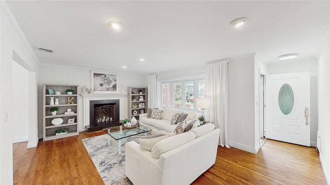 Fireplace, Interior, Living room, Recessed Lighting, Wood Texture Flooring