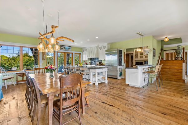 Dining room, Interior, Kitchen, Pendant Lights, Recessed Lighting, Stainless Steel Appliances, Wood Texture Flooring