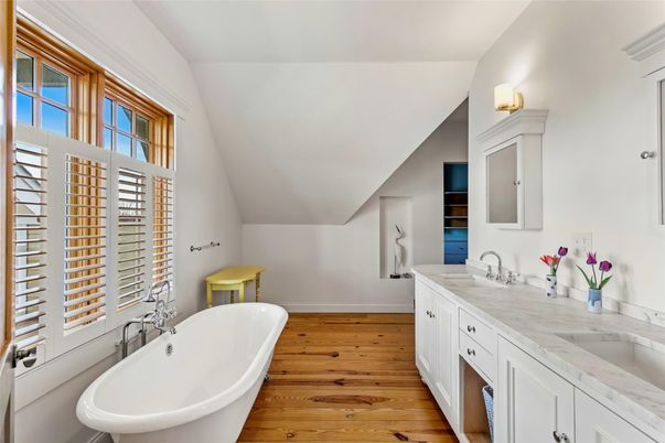 Bathroom, Dual Sink Vanities, Free Standing Baths, Interior, Wood Texture Flooring